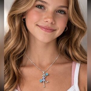 Rhinestone Cheerleader Pendant Necklace Silver Tone with Blue Crystals (14”) 💙📣